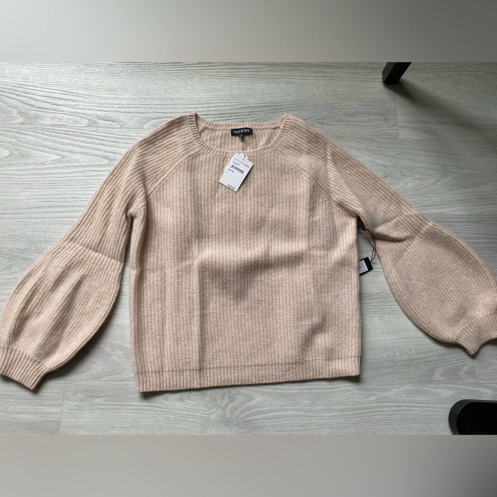 NWT Knyt & Lynk Bubble Sleeve Wide Crew Neck Shaker Cashmere Sweater S $150